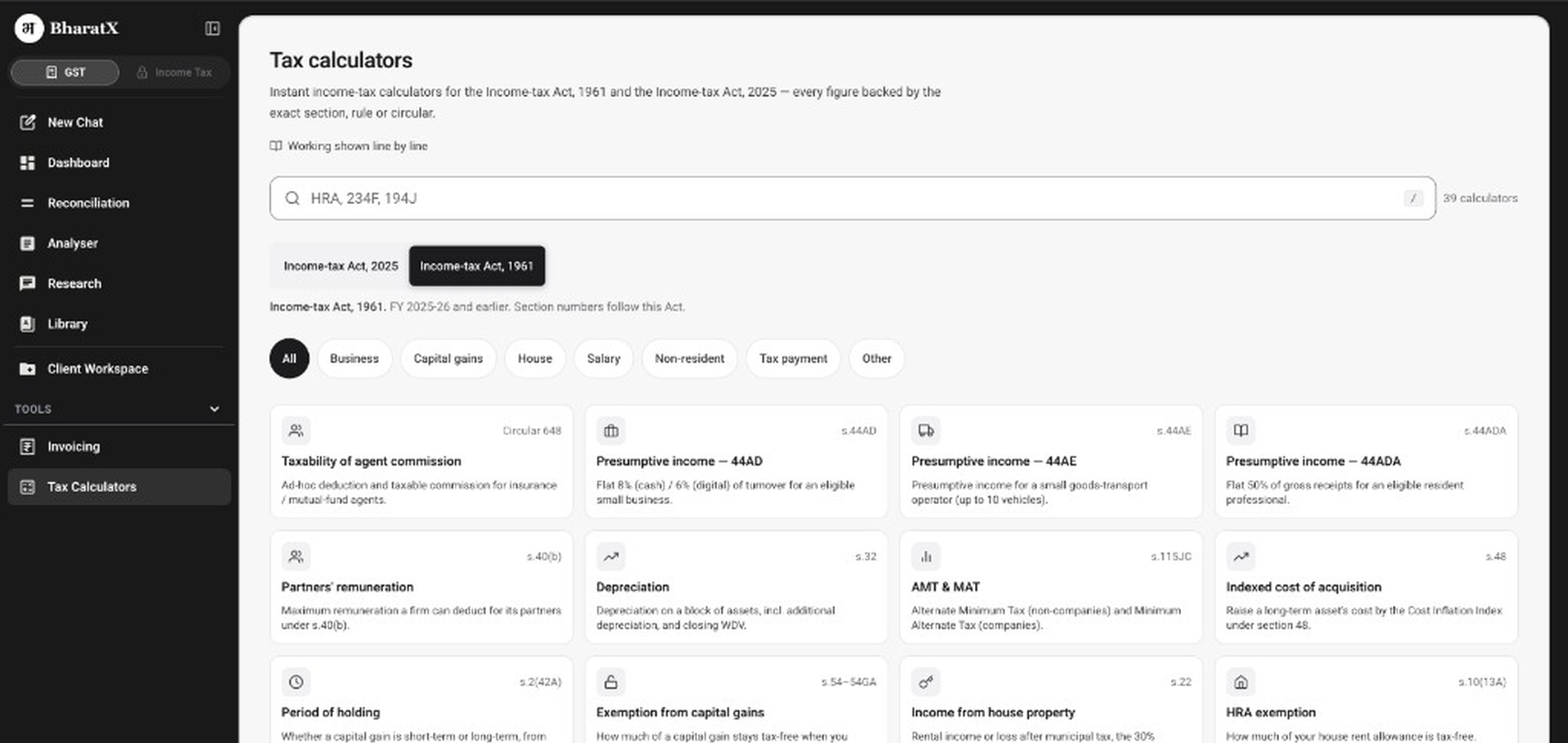 Tax calculators in BharatX, with the Act switch and the calculator grid